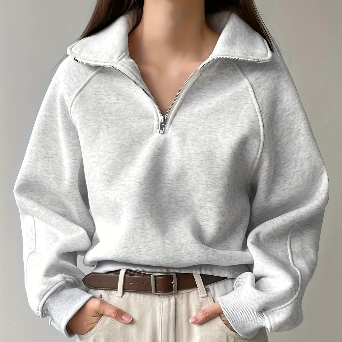 Women Casual Lapel Half Zipper Long Sleeve Loose Sweatshirt for Autumn Winter