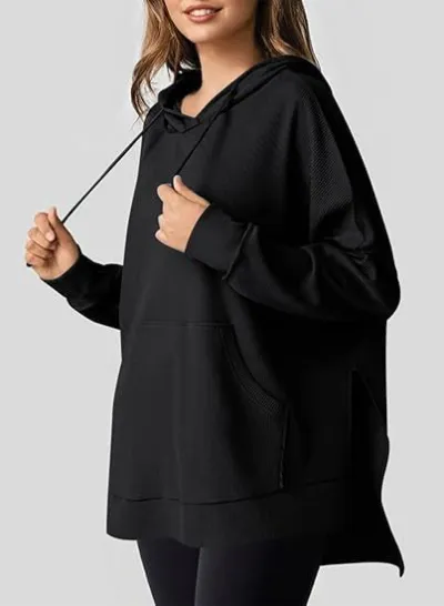 Women's Autumn Winter Solid Color Waffle Long Sleeve Side Split Pockets Hoodie
