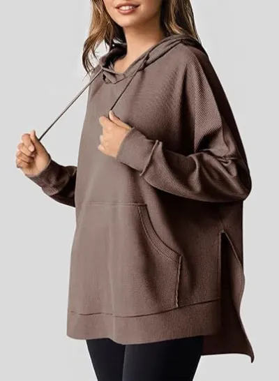 Women's Autumn Winter Solid Color Waffle Long Sleeve Side Split Pockets Hoodie