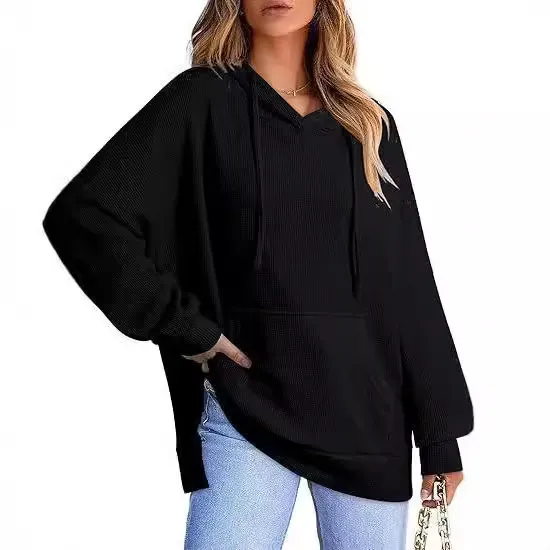 Women's Autumn Winter Solid Color Waffle Long Sleeve Side Split Pockets Hoodie