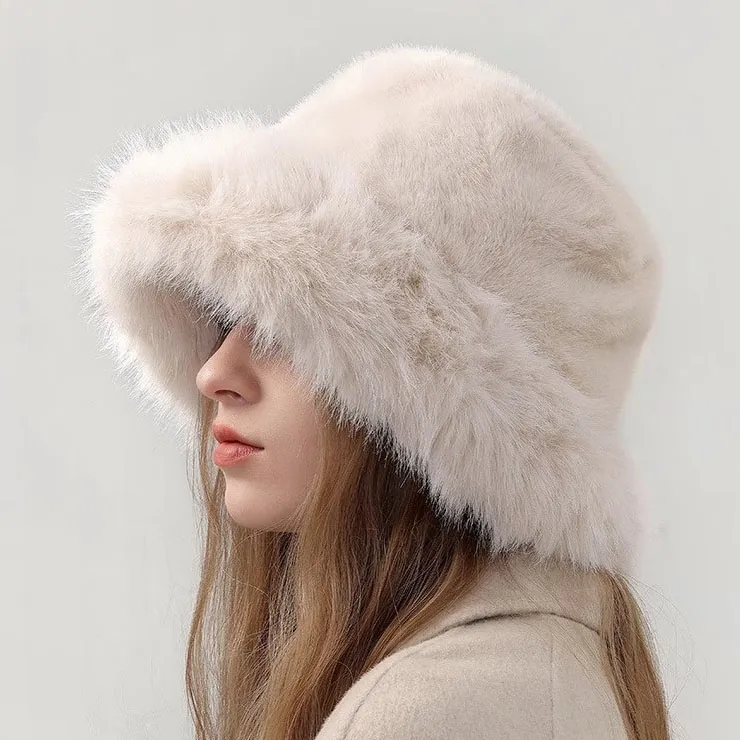 Women Winter Imitation Fox Hair Thick Warm Plush Bucket Hat