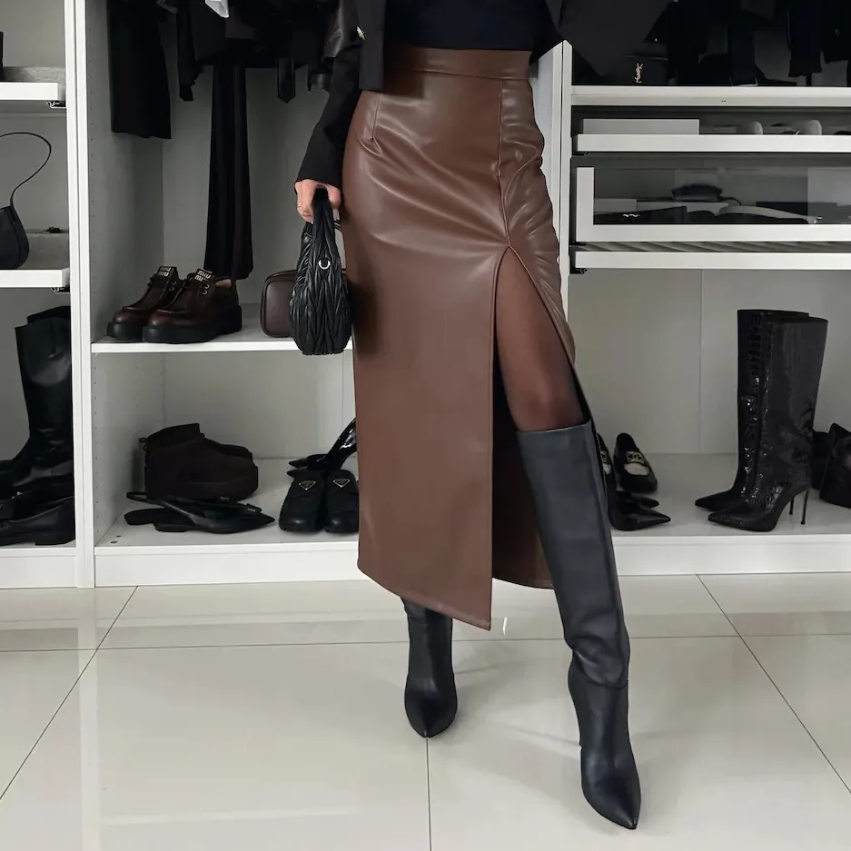 Women Fashion Elegant Autumn And Winter Solid Color Pu Leather High Waist Split Skirt