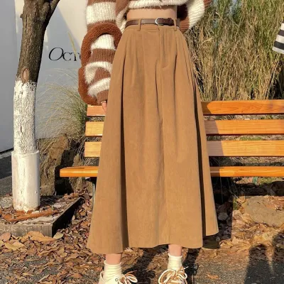 Women's Corduroy High Waist A-Line Long Skirt for Autumn Winter Commuter Style