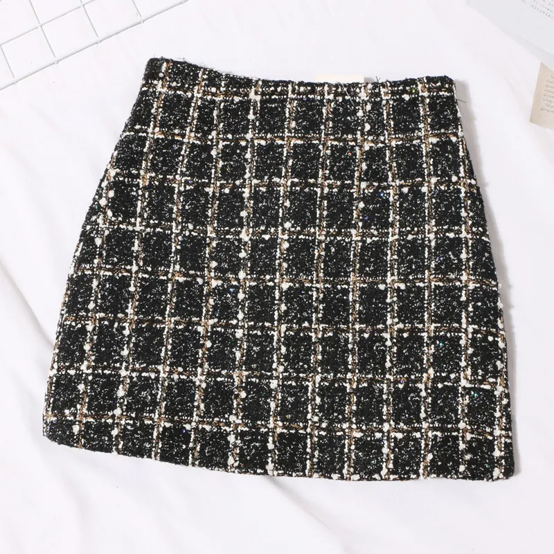 Women's Autumn Winter Tweed Plaid High Waist A-Line Skirt