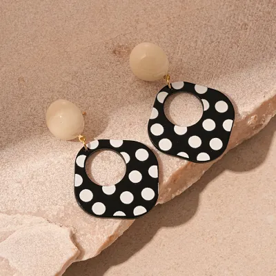 Vintage Acrylic Black White Wave Dot Square Geometric Earrings