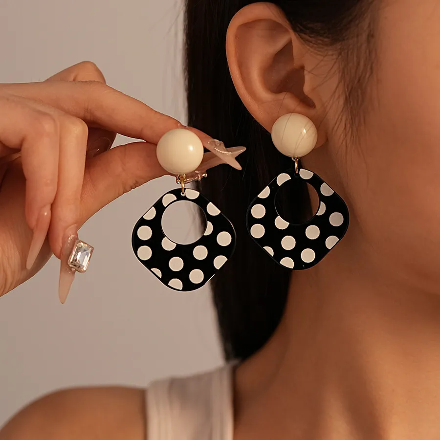 Vintage Acrylic Black White Wave Dot Square Geometric Earrings