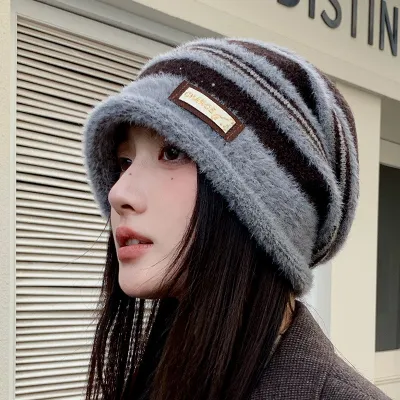 Autumn And Winter Women Stripe Knitted Plush Beanie Hat