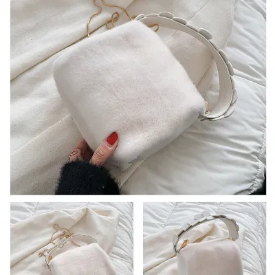 Plush Autumn Winter Women Silk Small Square Handbag with Zipper