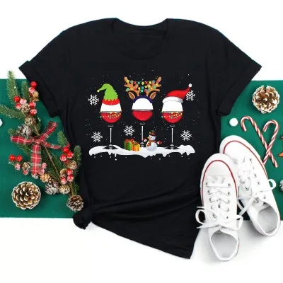 Women Casual Christmas Cartoon Print Short Sleeve T-Shirt, Street Hipster Crewneck Pullover Milk Fiber