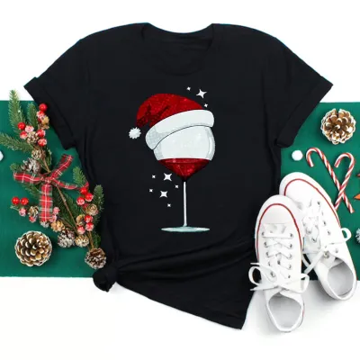 Women Casual Christmas Cartoon Print Short Sleeve T-Shirt, Street Hipster Crewneck Pullover Milk Fiber