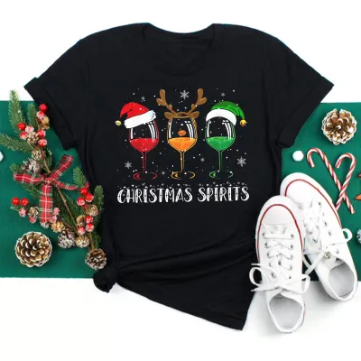 Women Casual Christmas Cartoon Print Short Sleeve T-Shirt, Street Hipster Crewneck Pullover Milk Fiber