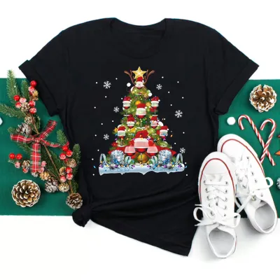 Women Casual Christmas Cartoon Print Short Sleeve T-Shirt, Street Hipster Crewneck Pullover Milk Fiber