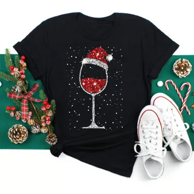 Women Casual Christmas Cartoon Print Short Sleeve T-Shirt, Street Hipster Crewneck Pullover Milk Fiber