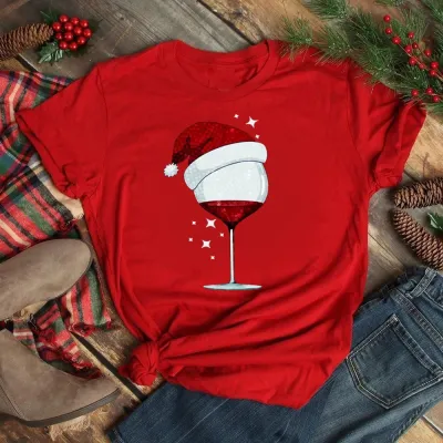 Women Casual Christmas Cartoon Print Short Sleeve T-Shirt, Street Hipster Crewneck Pullover Milk Fiber