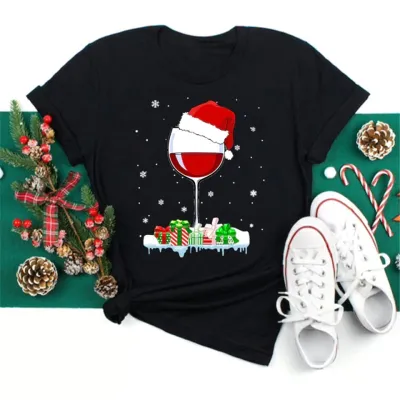 Women Casual Christmas Cartoon Print Short Sleeve T-Shirt, Street Hipster Crewneck Pullover Milk Fiber
