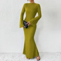 Women Fashion Solid Color Deep V Long Sleeve Suit Collar Pleated Dress