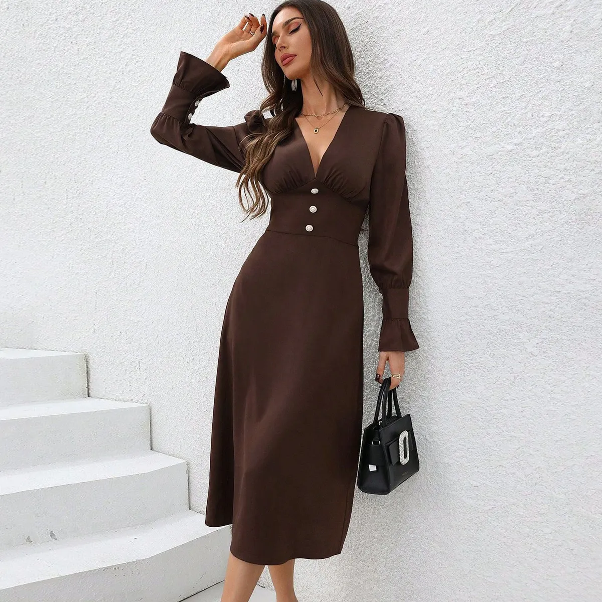 Women Elegant V-Neck Long Sleeve Solid Color Midi Dress