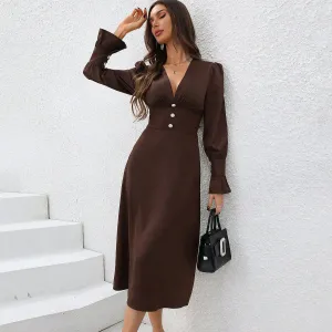 Women Elegant V-Neck Long Sleeve Solid Color Midi Dress