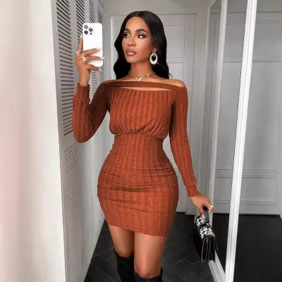 Women Sexy Off-Shoulder Solid Color Long Sleeve Dress