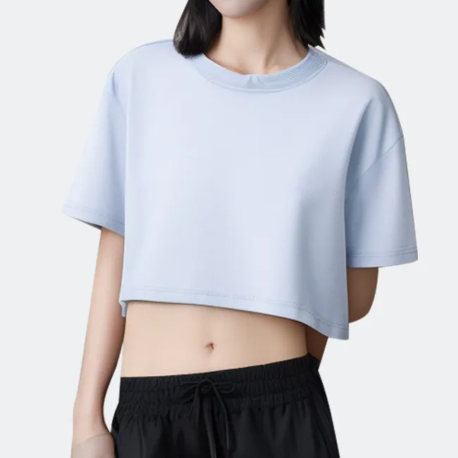 Women Casual Solid Color Breathable Round-Neck Short Sleeve Loose Sports Crop Top T-Shirt