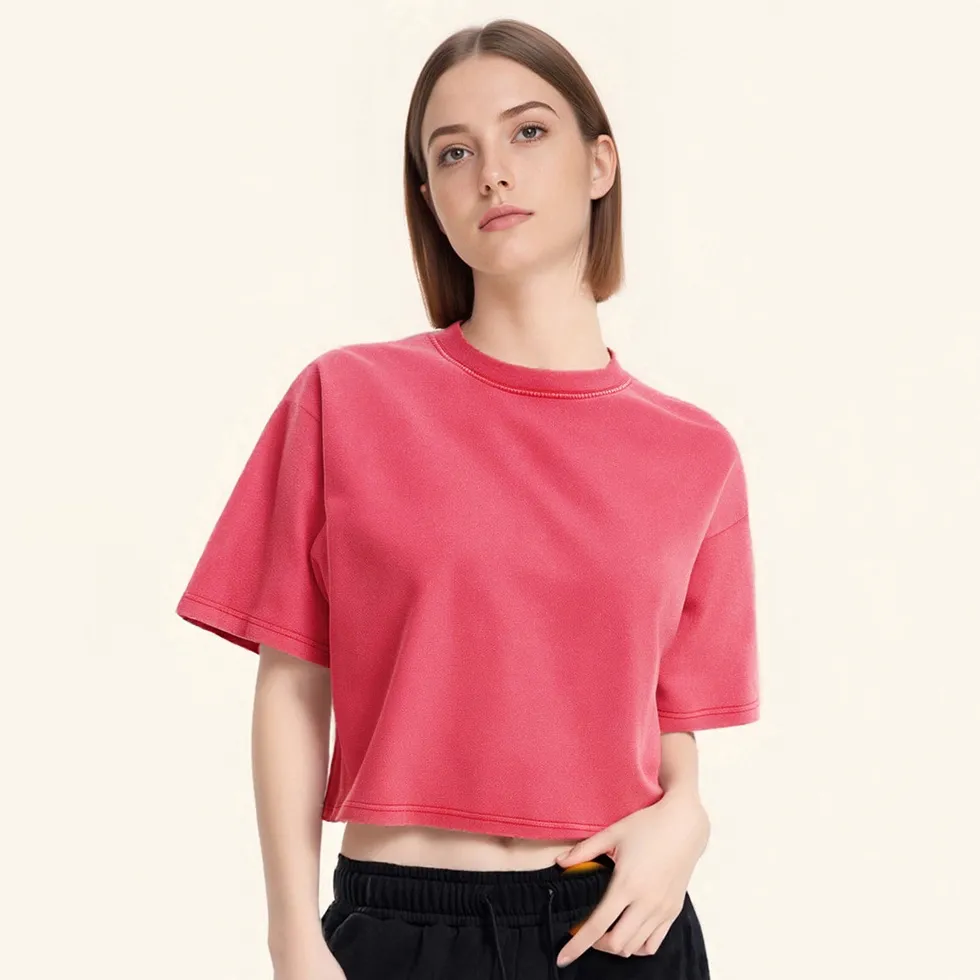 Women Casual Solid Color Round-Neck Short Sleeve Loose Fit Crop Top T-Shirt