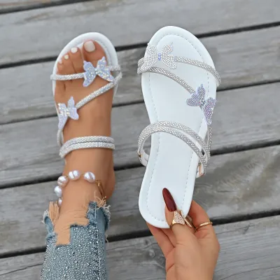 Plus Size Flat Rhinestone Butterfly Open Toe Slippers