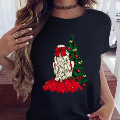 Women Fashion Casual Happy Christmas Printed Short-Sleeve T-Shirt