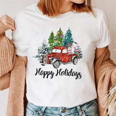 WomenS Fashion Casual Happy Christmas Printed Short Sleeve T-Shirt