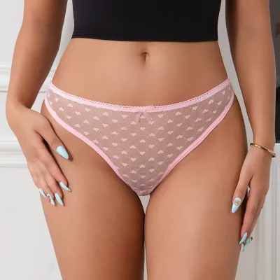 Women Fashion Sexy Solid Color Lace Mesh Cotton Breathable Low Waist Thong