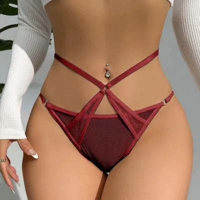 Women Fashion Sexy Solid Color Lace Hollow Cross Thin Belt Breathable Thong
