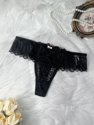 Women Fashion Sexy Solid Color Lace Embroidered Low Waist Cross Thong