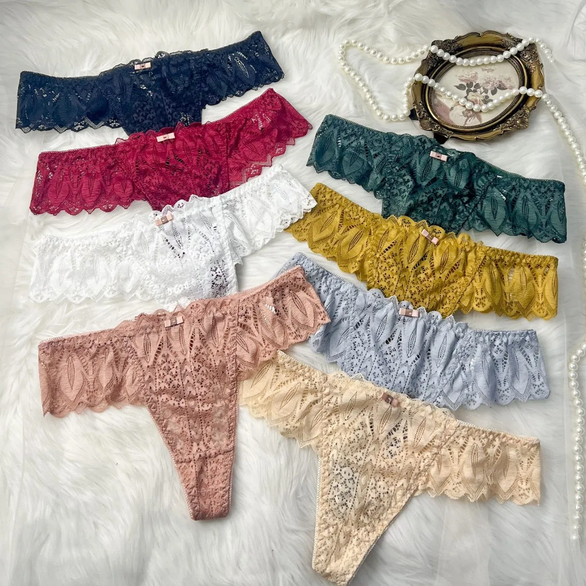 Women Fashion Sexy Solid Color Lace Embroidered Low Waist Cross Thong