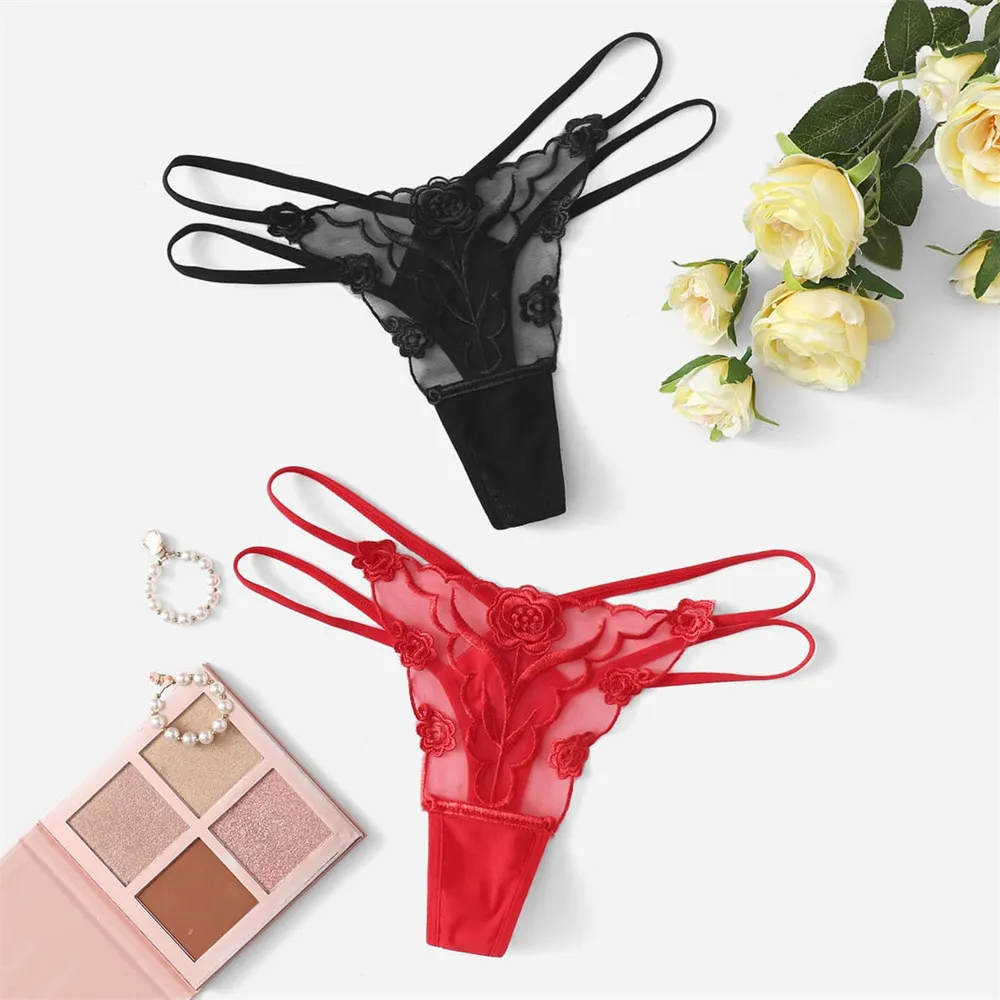 Women Sexy Embroidered Mesh Thong Panties