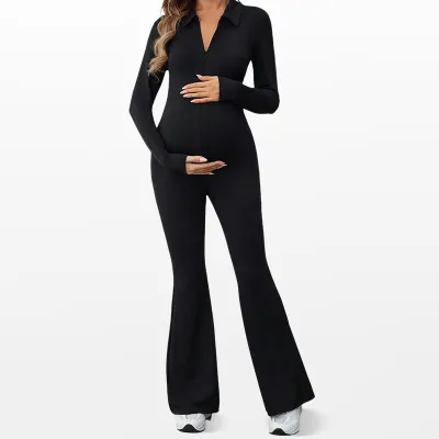 Pregnant Women Casual Autumn Solid Color V-Neck Long-Sleeve Zipper Jumpsuit