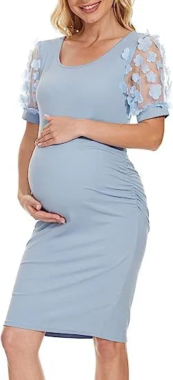 Maternity Casual Floral Round-Neck Long Sleeve Dress with Elastic Waist