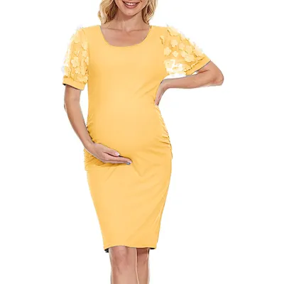 Maternity Casual Floral Round-Neck Long Sleeve Dress with Elastic Waist