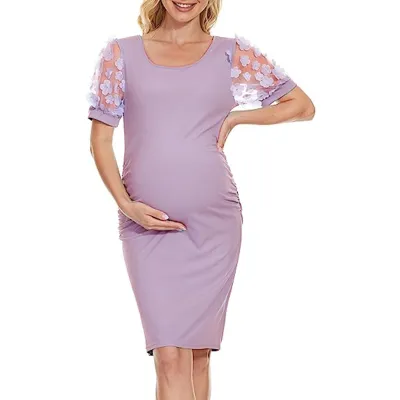Maternity Casual Floral Round-Neck Long Sleeve Dress with Elastic Waist