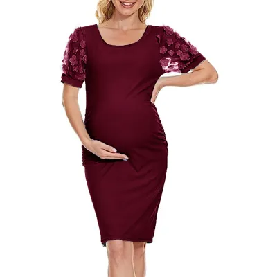 Maternity Casual Floral Round-Neck Long Sleeve Dress with Elastic Waist