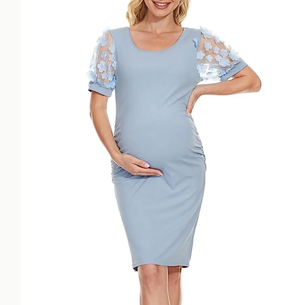 Maternity Casual Floral Round-Neck Long Sleeve Dress with Elastic Waist
