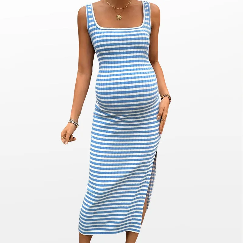 Pregnant Women Fashion Sexy Stripe Square Neck Sleeveless Side Split Slim-Fit Maternity Dress