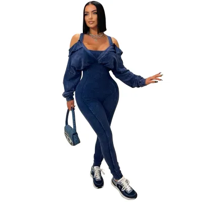 Women Fashion Sexy Solid Color Off-Shoulder Long-Sleeve Tight Jumpsuits