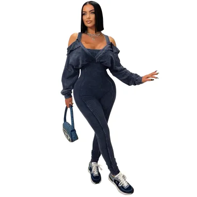 Women Fashion Sexy Solid Color Off-Shoulder Long-Sleeve Tight Jumpsuits