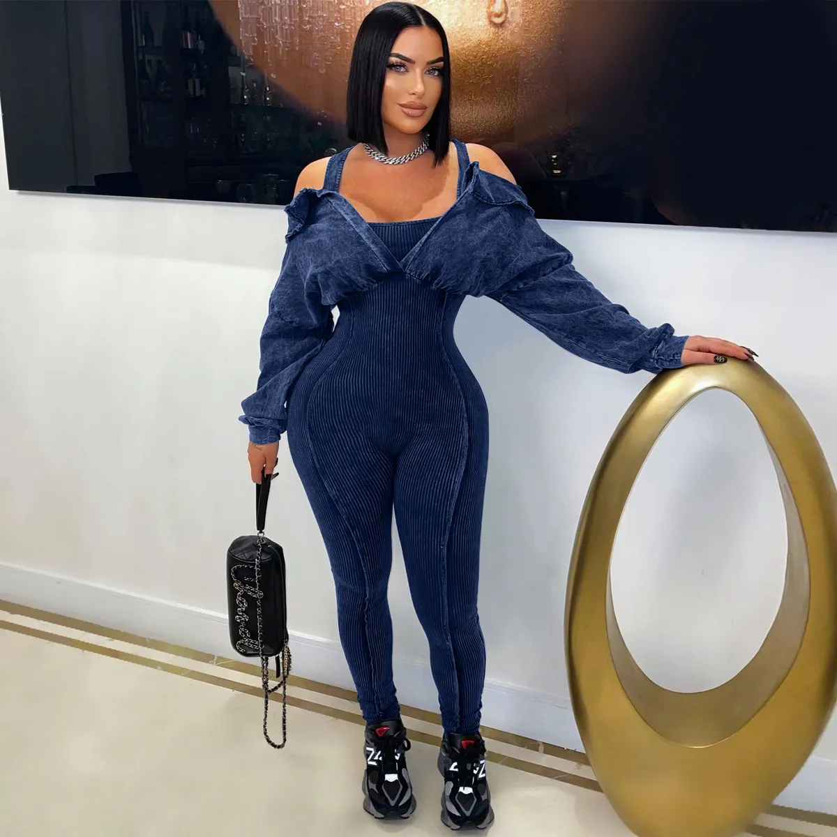 Women Fashion Sexy Solid Color Off-Shoulder Long-Sleeve Tight Jumpsuits