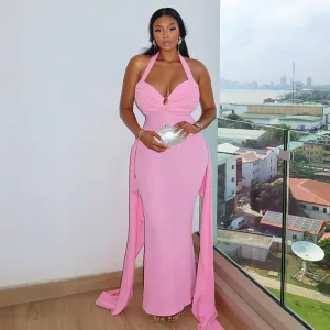 Women Fashion Sexy Solid Color Halter-Neck Backless Pleated Maxi Dress