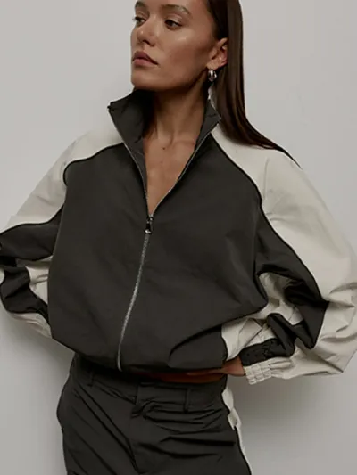 Women Fashion Athleisure Contrast Color Long-Sleeve Zipper Coat Drawstring Pants Two-Piece Set