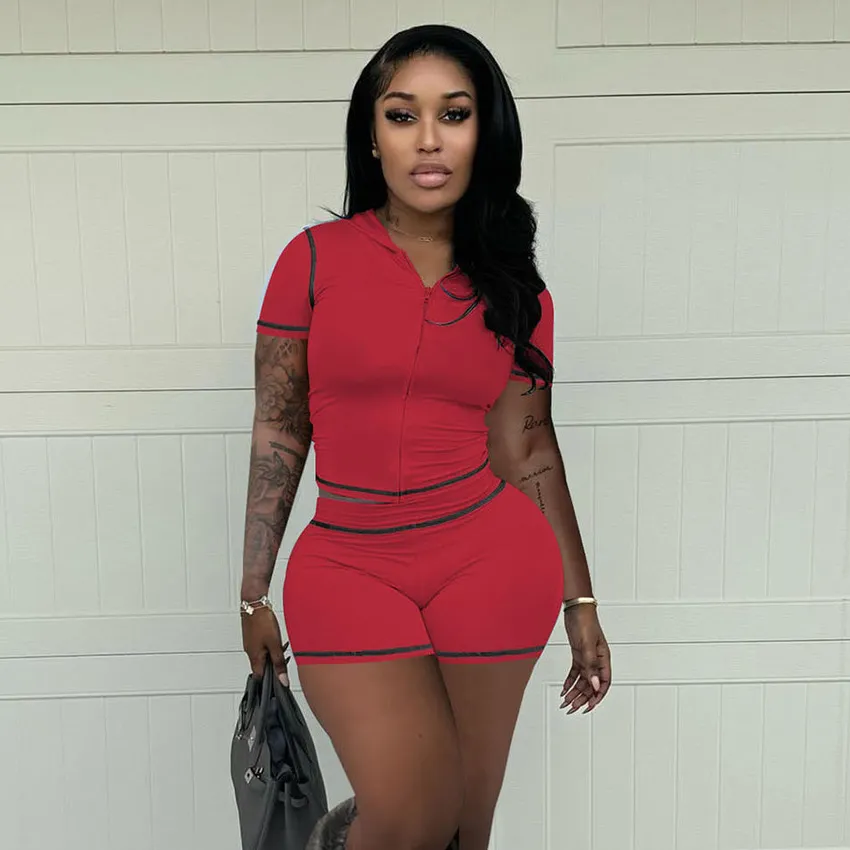 Women's Fashion Athleisure Sexy Solid Color Short-Sleeve Zipper Hoodies High Elastic Shorts Two-Piece Set