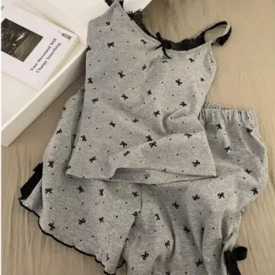 Women's Sexy Bowknot Printed Camisole Slim-Fit Shorts Pajamas Two-Piece Set