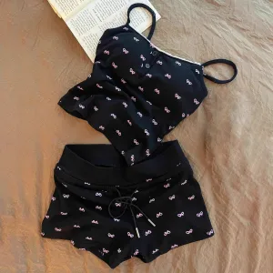Women's Sexy Bowknot Printed Camisole Slim-Fit Shorts Pajamas Two-Piece Set