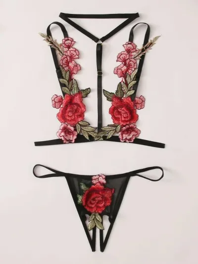 Women Rose Embroidered Hollow Sexy Lingerie Bra Set