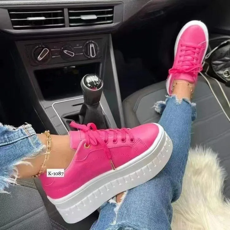 Women Fashion Casual Solid Color Thick Sole Lace Up Platform Sneakers Low Top Round Toe